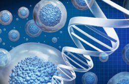 蓝色背景下的DNA和细胞的艺术家渲染图
